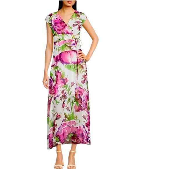 NWT MAISON TARA Ivory Pink Floral Sleeveless Maxi Chiffon Dress Size: 16 - Picture 2 of 4